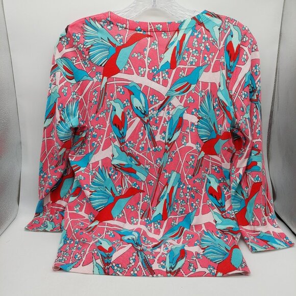 Talbots Cardigan Size PS Petite Small Bird Print Pink Blue 3/4 Sleeve Womens - Picture 2 of 9